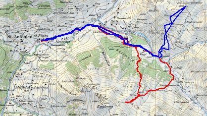 Karte 2: Tag 2 (Alp Gavia: rot) Tag 3 (Schollbergmeder: blau)